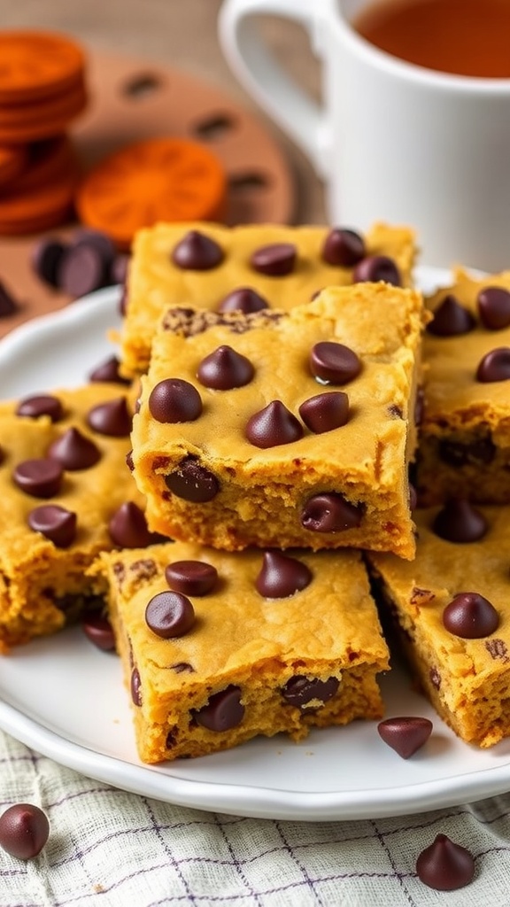A plate of chickpea blondies with chocolate chips, a cup of tea in the background.